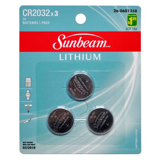 Sunbeam CR2032 Lithium Button Batteries, 3 Pack (3mcx./pc.)