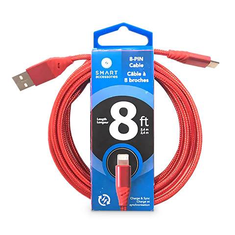 Smart 8' 8 Pin Charge Cable - solid (coiled)