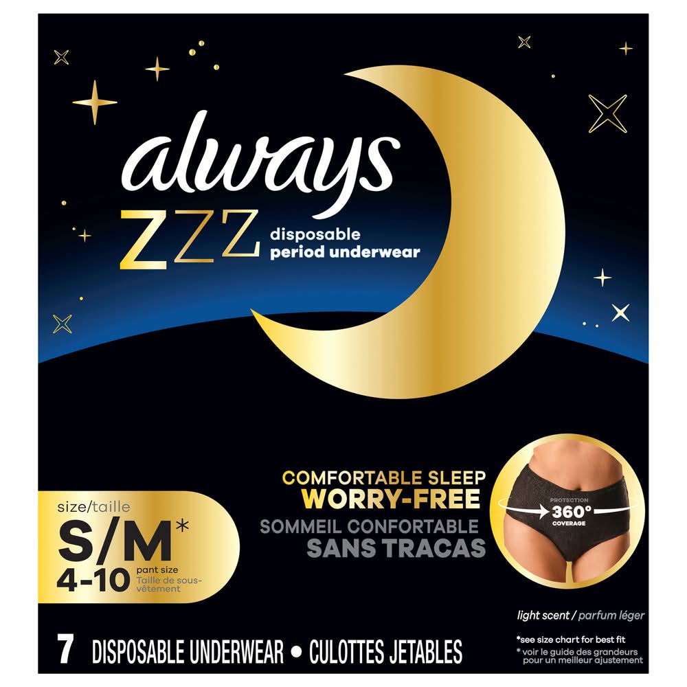 Always Zzz Overnight Disposable Period Underwear, Light, Women, S/M (7 ct)