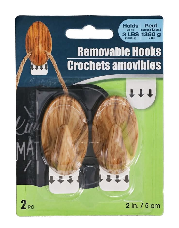 Wooden Looking Plastic Removable Wall Hooks, 2 in, Brown (2 ct)
