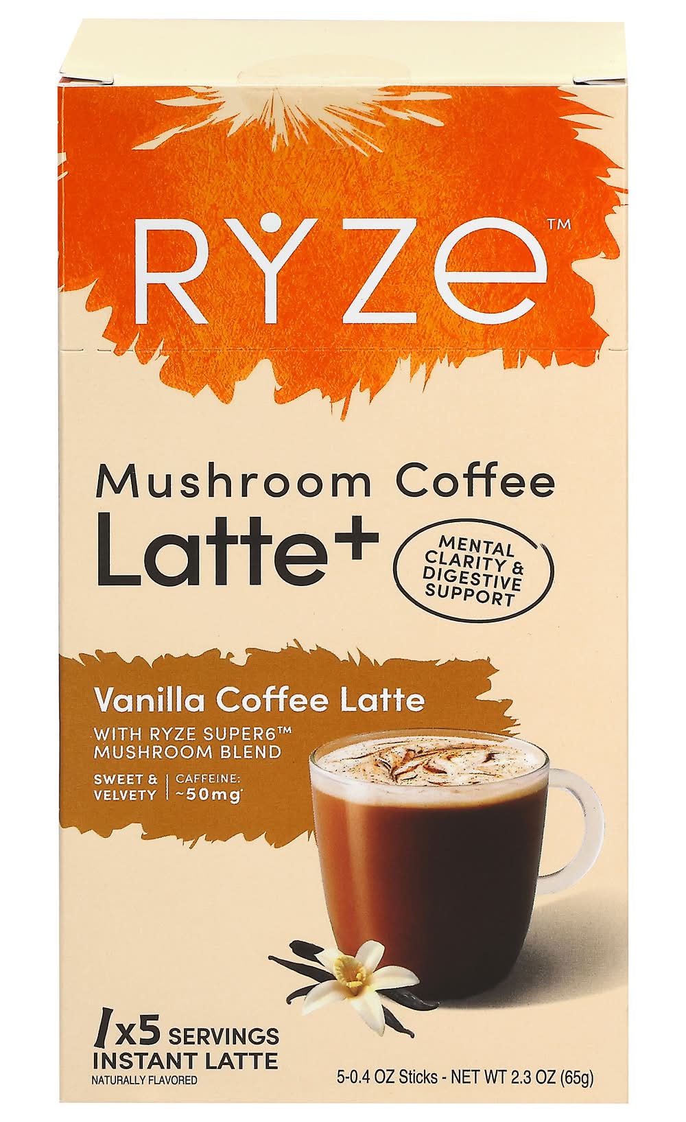 RYZE Mushroom Coffee Latte Sticks, Vanilla (5 x 0.4 oz)