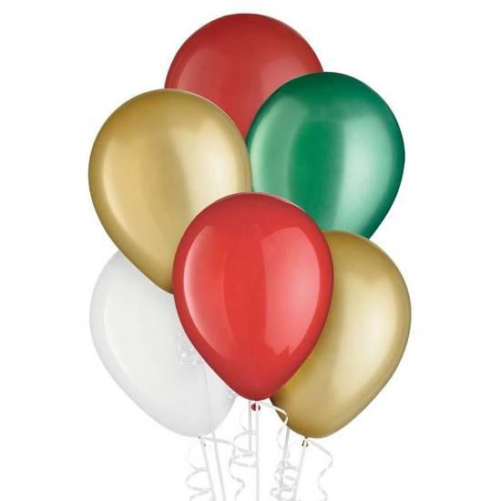 Uninflated 15ct, 11in, Traditional Christmas 5-Color Mix Latex Balloons - Gold, Green, Reds White