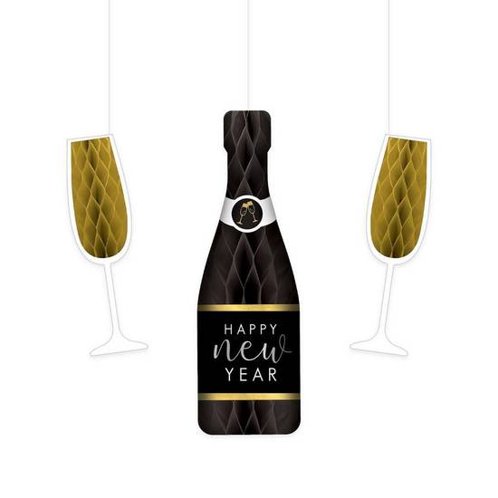 Champagne Flute New Year's Eve Honeycomb Decorations, 3pc