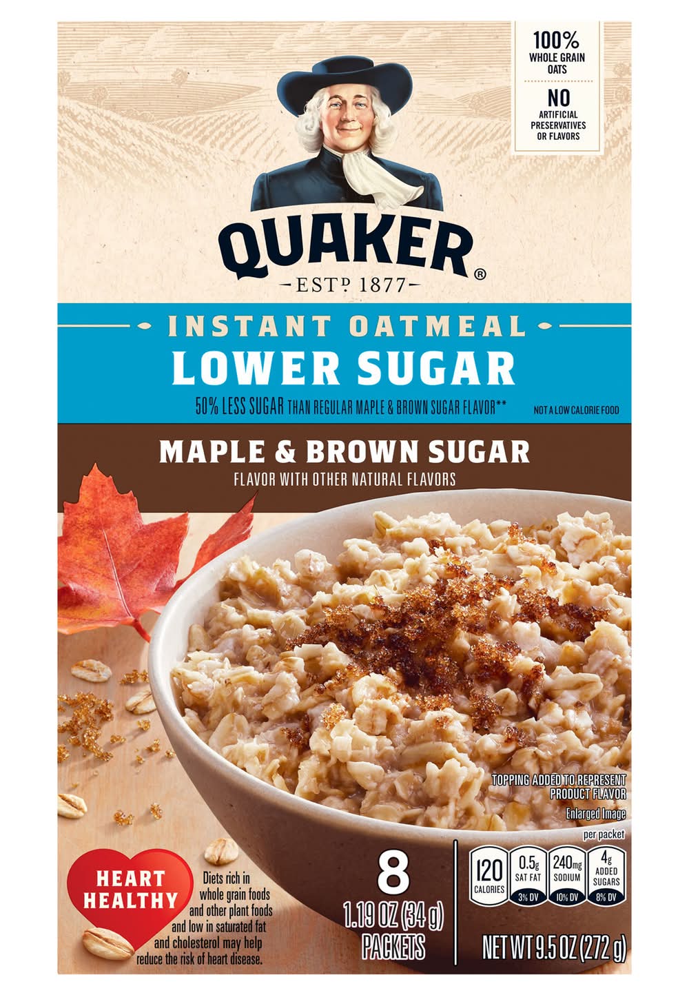 Quaker Lower Sugar Instant Oatmeal Packets, Maple & Brown Sugar (8 x 1.19 oz)