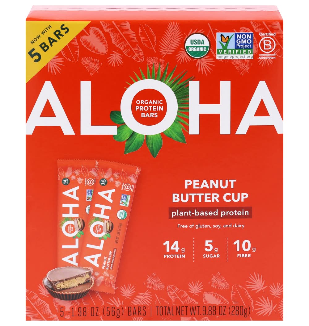 Aloha Plant Based Protein Bars, Peanut Butter Cup (5 x 1.98 oz)
