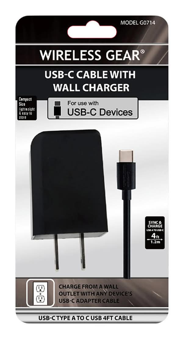 Wireless Gear Usb-C Cable With Wall Charger G0714, 4 ft