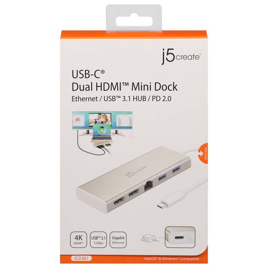 J5create Usb 3.1 Type-C Dual Hdmi Dock, Silver
