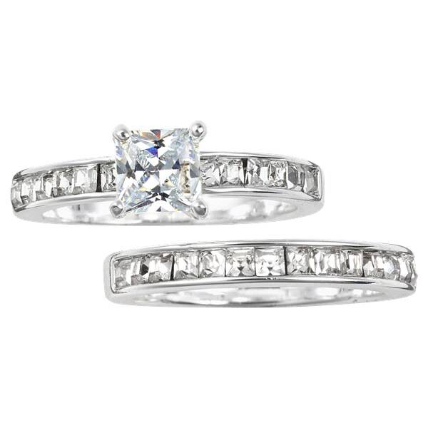 City by City Silver Tone Two Piece Engagement Set with Square Stone in Size 7