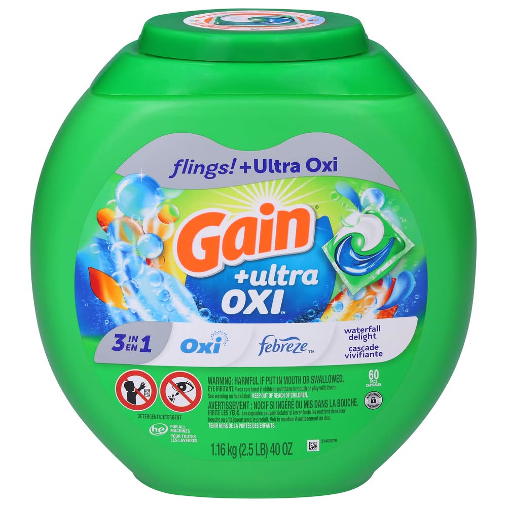 Gain Flings Ultra Oxi Laundry Detergent Pacs, Waterfall Delight (60 ct)