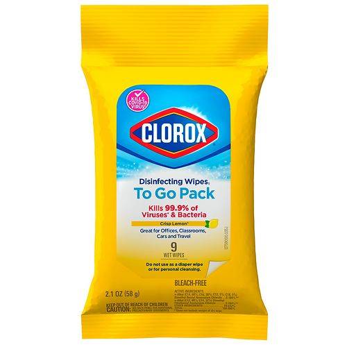 Clorox Disinfecting On-The-Go Bleach Free Travel Wipes Crisp Lemon, Citrus Blend - 9.0 ea