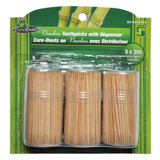 Boobam Bamboo Toothpicks W/3Dispensers, 600Pack (pkt of 3)