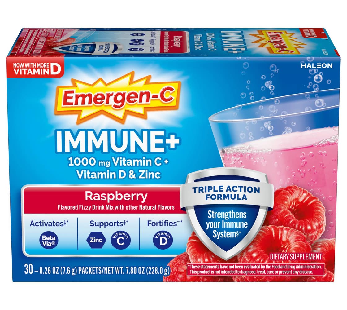 Emergen-C Immune+ Triple Action Formula Support Powder 1000 mg, Raspberry (30 x 0.31 oz)