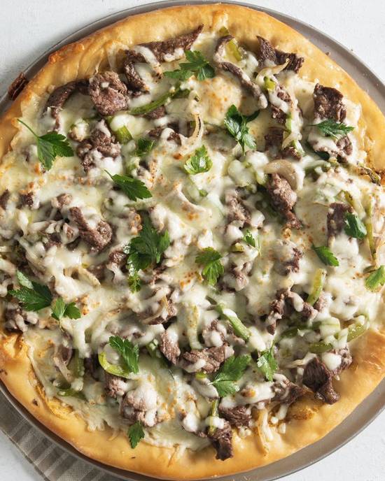 12" Philly cheesesteak pizza