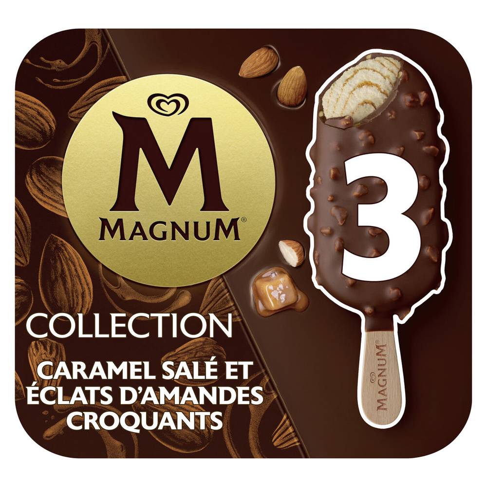 Glace Bâtonnet Caramel Salé & Eclats d'Amandes Croquants MAGNUM - les 3 bâtonnets de 90mL