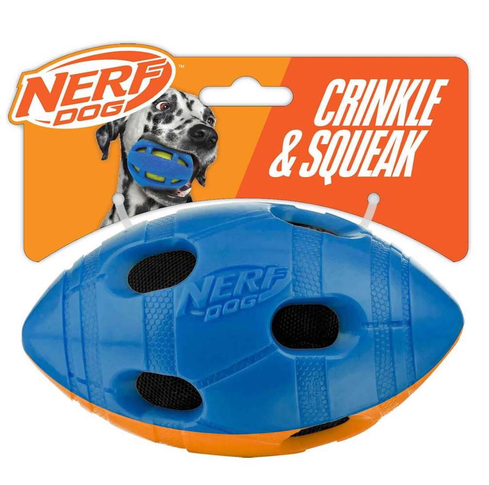 Nerf Dog Crinkle and Squeak Football Dog Toy, 6 in, Blue-Orange
