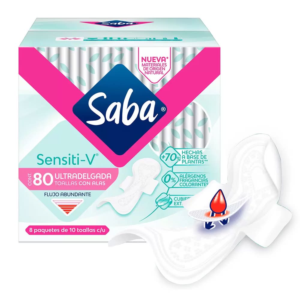 Saba · Sensiti-v toallas ultradelgadas con alas (80 un)