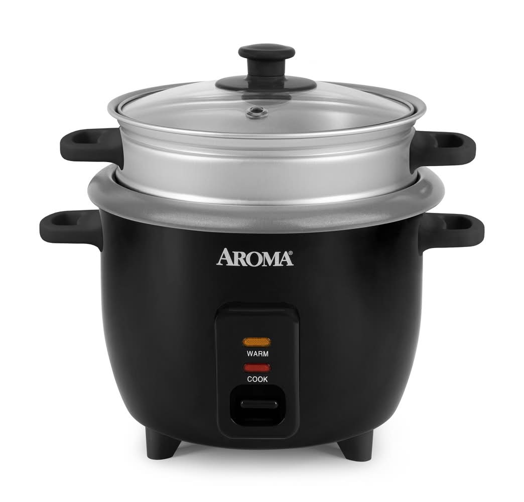 Aroma Nonstick Rice Cooker With Outer Steam Tray 2 Quart, Black