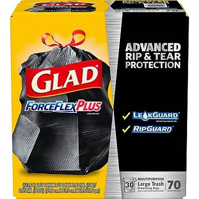 Glad ForceFlexPlus 30 Gallon Trash Bag, 5.31 x 10.06, Low Density, 0.90 mil, Black, 70/Box (70358)