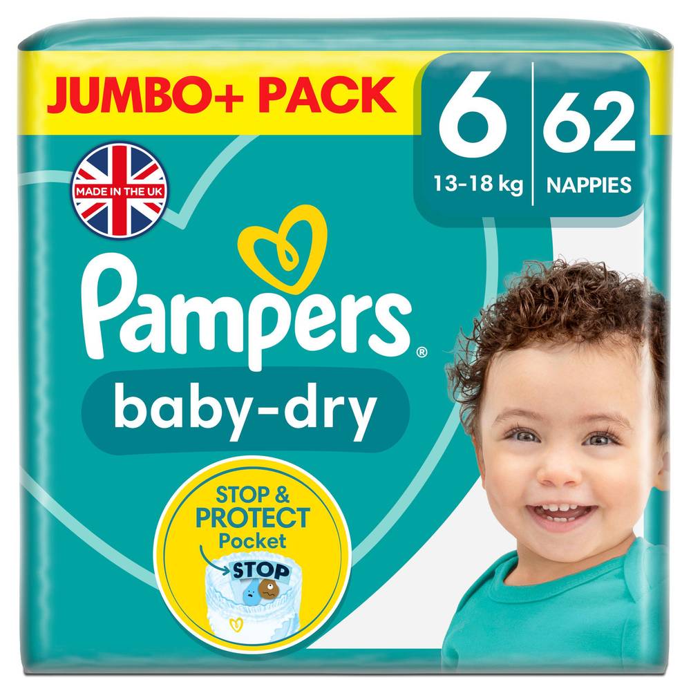 Pampers Baby-Dry Size 6, 62 Nappies, 13-18kg, Jumbo+ Pack