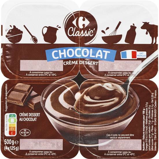 Crème dessert chocolat CARREFOUR CLASSIC' - les 4 pots de 125g