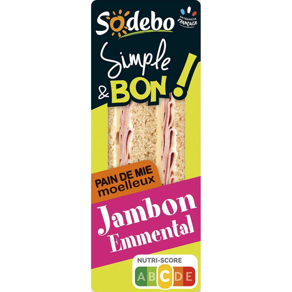 Sandwichs club pain complet jambon emmental SODEBO - 2 clubs triangles - 145 g