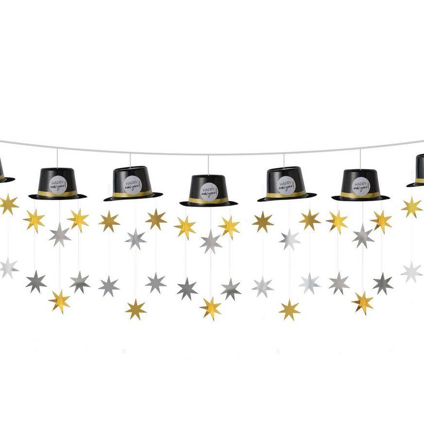 Black, Silver Gold Top Hat New Year's Eve Garland, 12ft