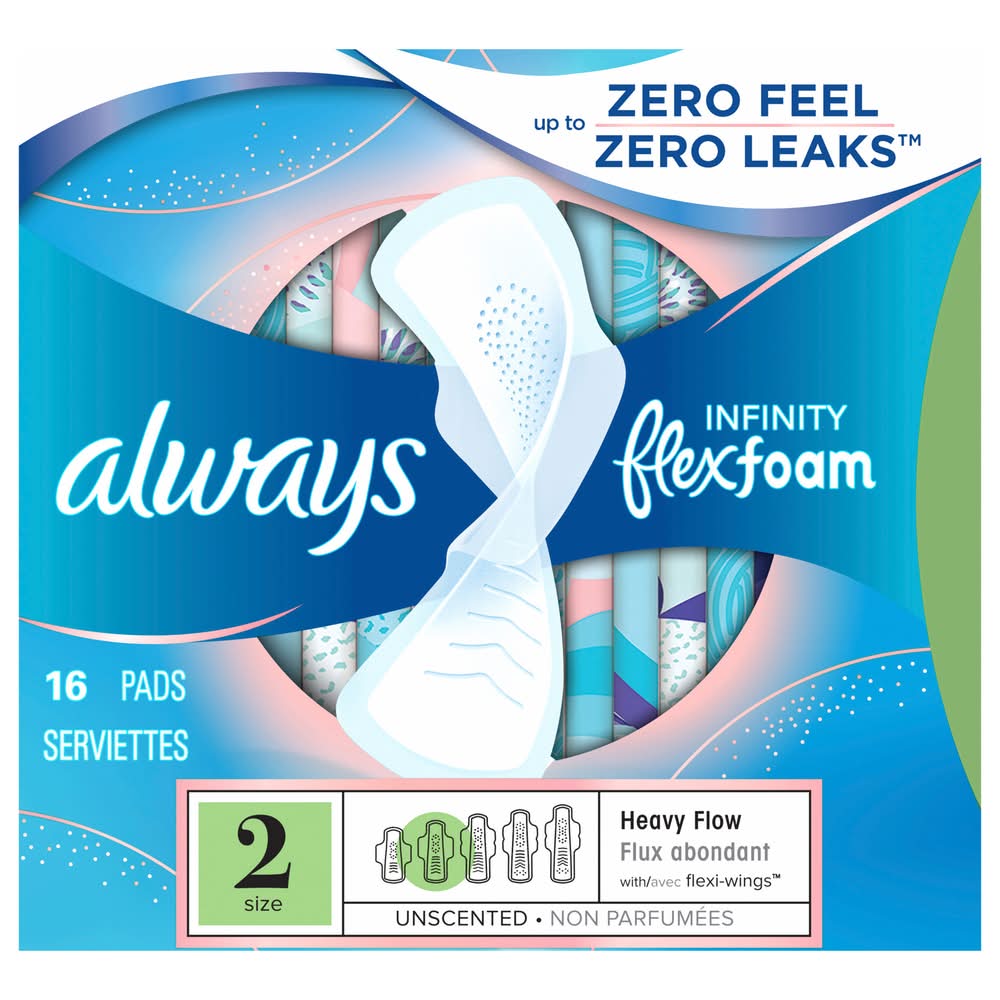 Always Infinity Flexfoam Zero Feel Leaks Heavy Flow With Flexi-Wings Pads, 2 (16 ct)