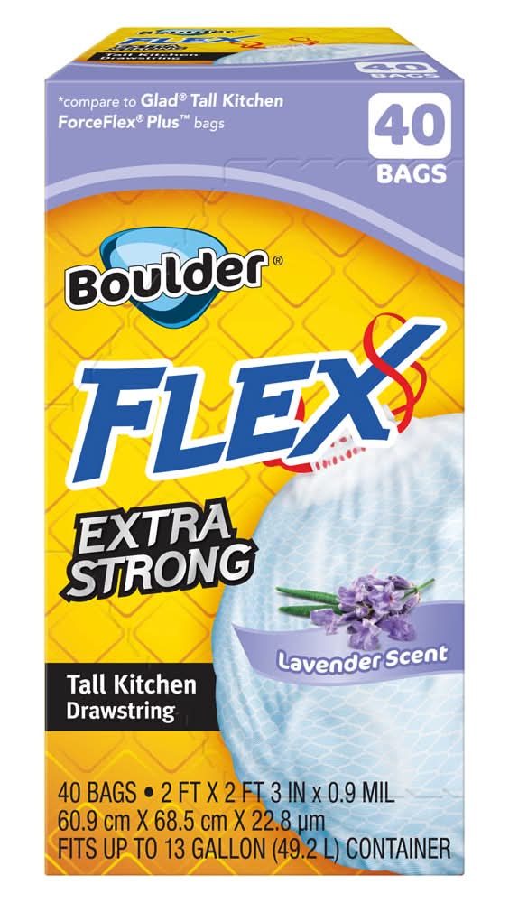 Boulder Canyon Flex Extra Strong Tall Kitchen Drawstring Trash Bags 13 Gal, Lavender, 60.9x68.5 cm x 22.8 µm (40 ct)