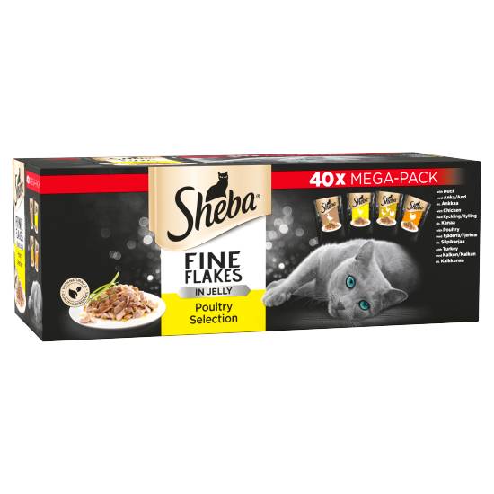 Sheba Fine Flakes Adult 1+ Wet Cat Food Pouches Poultry Selection in Jelly Mega pack 40 X 85g