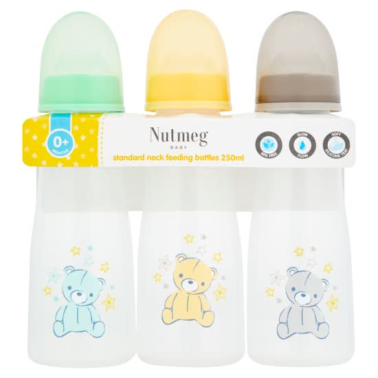 Nutmeg Baby Standard Neck Feeding Bottles 250 ml 0+ Months (3 pack)