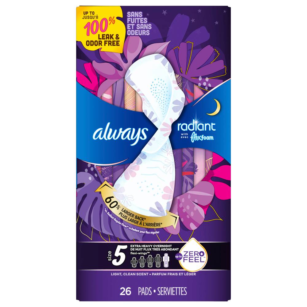 Always Radiant Extra Heavy Overnight Flexi-Wings Pads With Flexfoam Size 5 (26 ct)