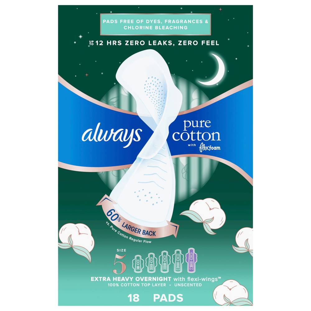 Always Pure Cotton Extra Heavy Overnight With Flexi-Wings Unscented Pads (18 ct)