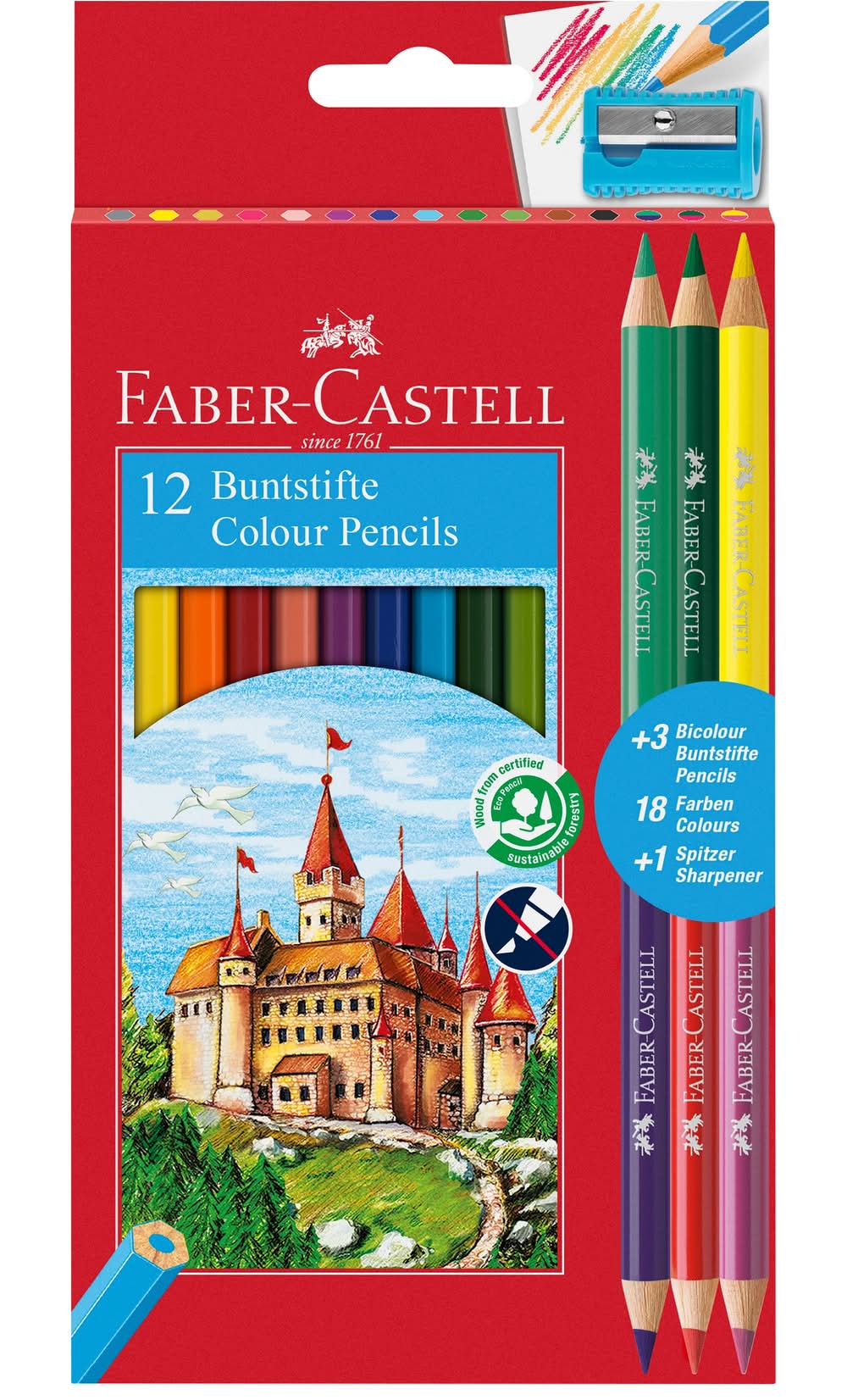 Lápis Cor 12 unidades + 3 Lápis Bicolor + Afia Faber Castell