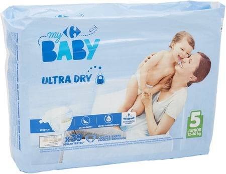 Couches bébé ultra dry junior taille 5 : 12-20 kg CARREFOUR BABY - le paquet de 39 couches