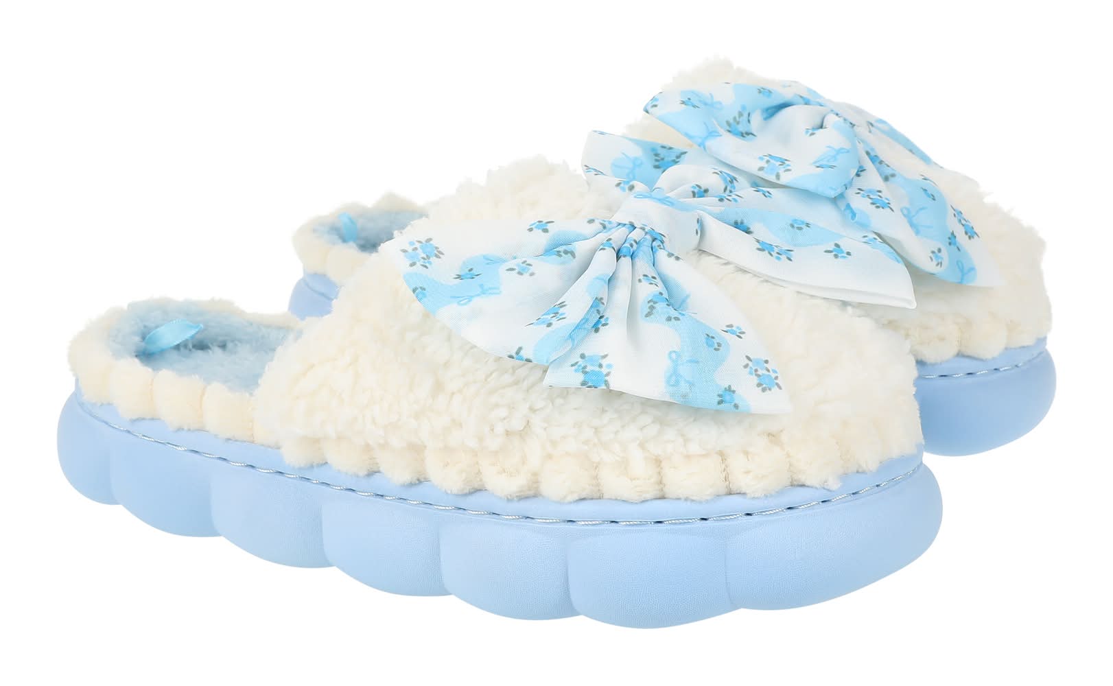 Ladies Fluffy Bow Slippers W10 Blue