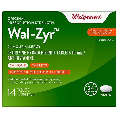 Walgreens Wal-Zyr 24 Hour Allergy Relief, Cetirizine Hydrochloride Tablets - 5.0 ea