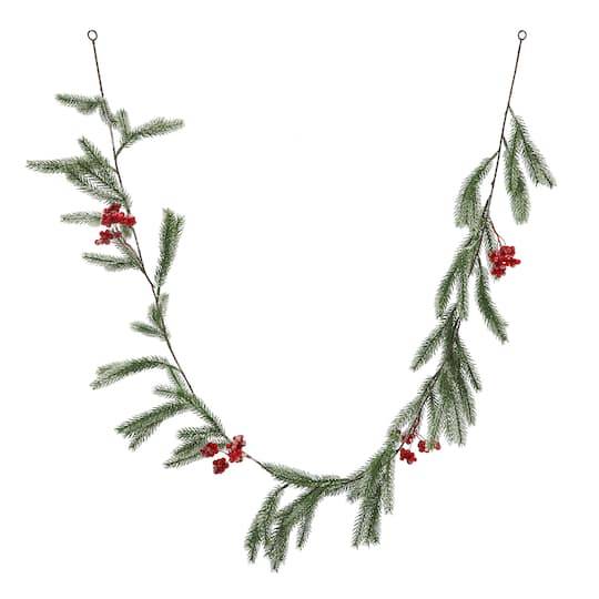 Ashland Light Flocked Pine & Red Berry Garland, 6 ft, Green-Red