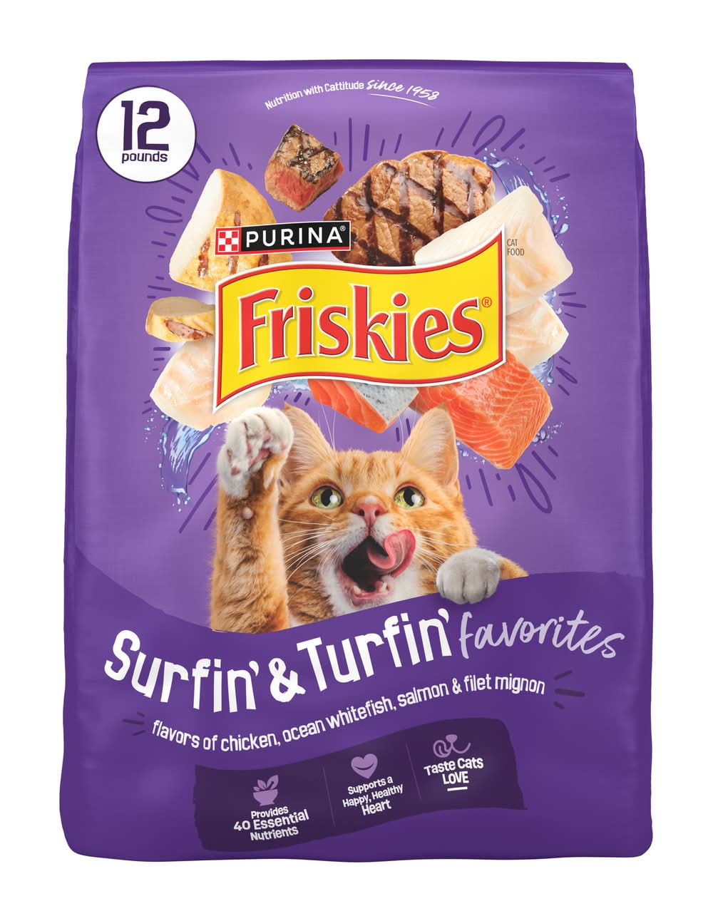 Purina Friskies Surfin' & Turfin' Favorites Dry Cat Food, Chicken Ocean Whitefish Salmon & Filet Mignon (12 lbs)