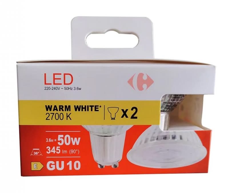 Bombilla Led Dicroica Carrefour GU10 50W Cálida 2 ud