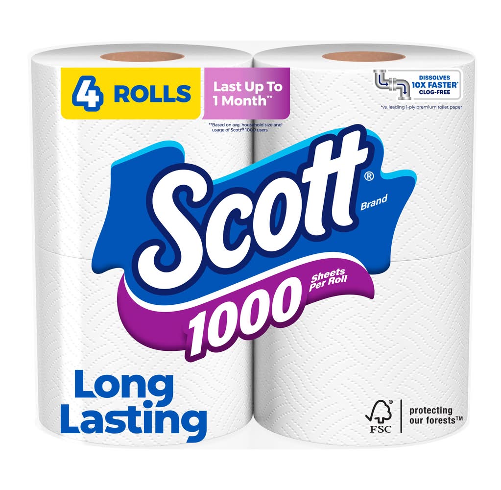 Scott 1-Ply Long Lasting Toilet Paper Rolls, 4.1x3.7 in, White (4 ct)