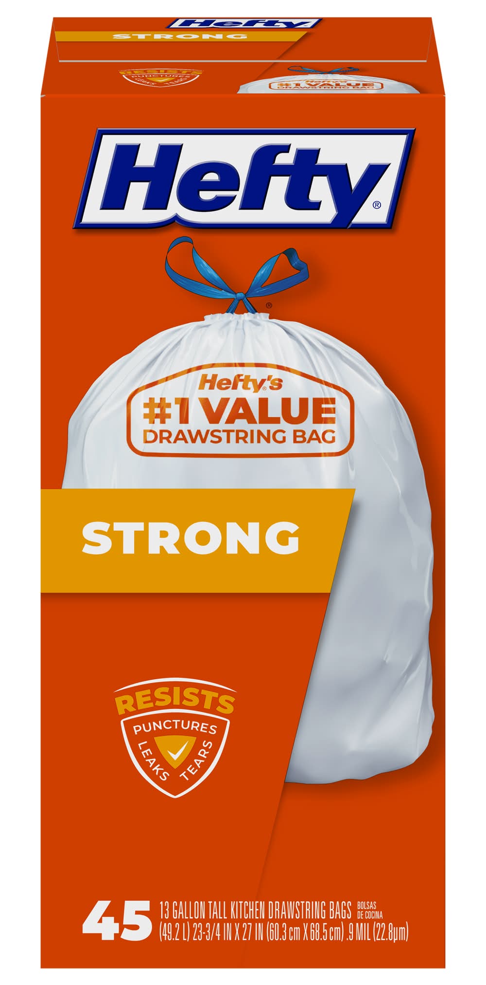 Hefty Strong Kitchen Drawstrings Tall Trash Bags 13 Gal, 60.3x68.5 cm (45 ct)