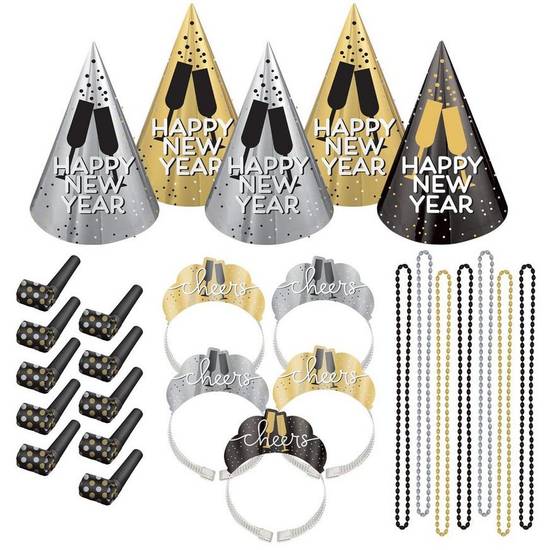 Kit for 10 - Black, Silver, Gold Cheers New Year's Eve Party Kit, 30pc