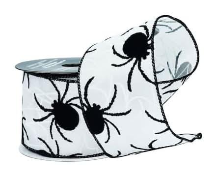 2.5" X 6.6Yd. White & Black Spiders Wired Taffeta Ribbon By Celebrate It