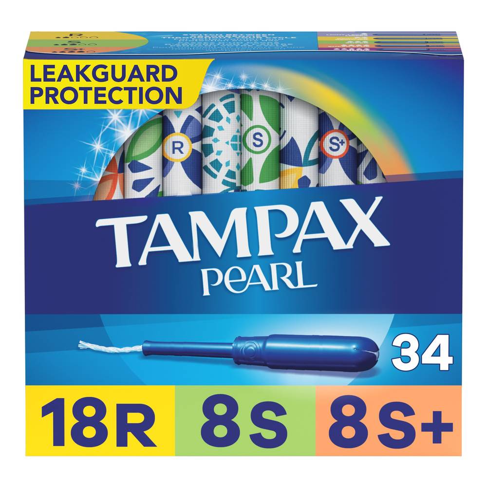 Tampax Pearl Tampons, Regular/Super/Super Plus Absorbency with LeakGuard Braid, Triple Pack, Unscented, 34 Count