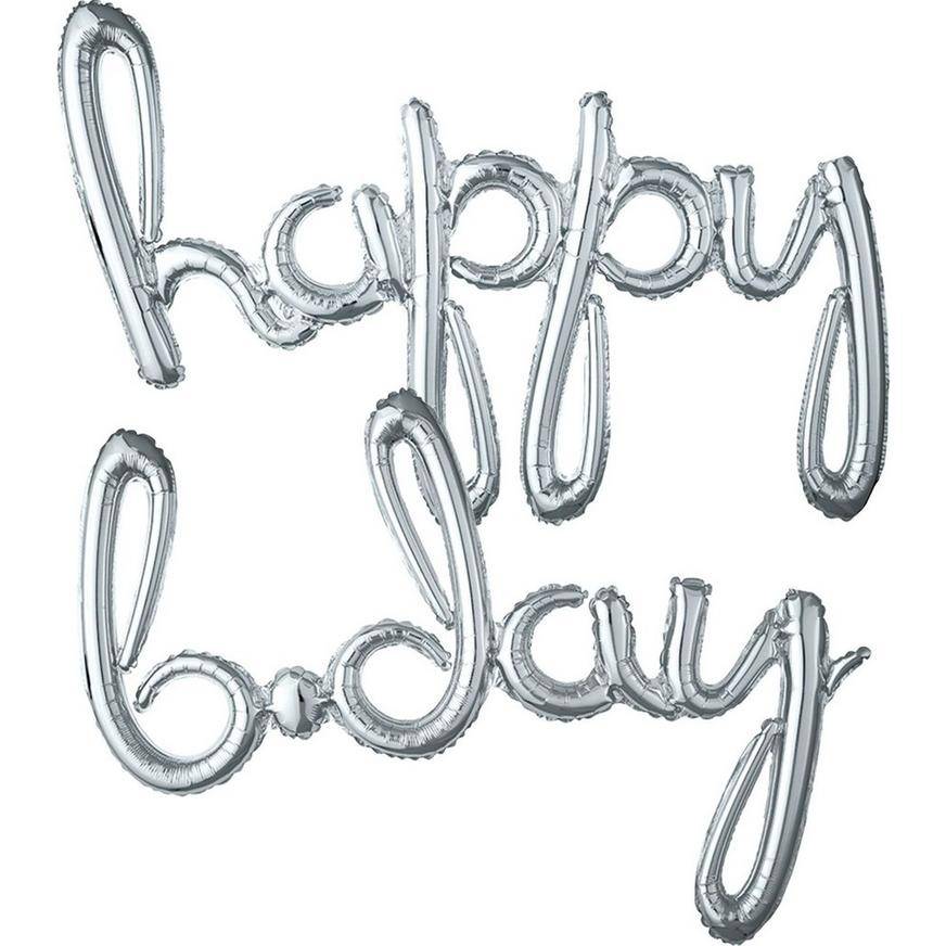 Uninflated Air-Filled Silver Happy B-Day Cursive Letter Balloon Banners 2ct, 27in