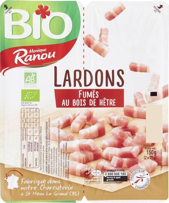 Lardons fumés bio - monique ranou - 150g (2x 75g)