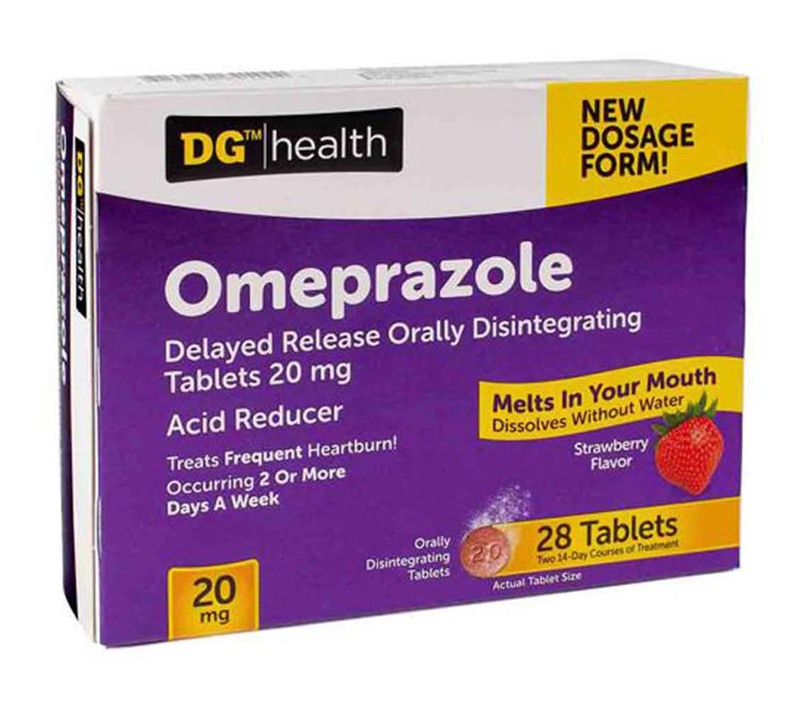 DG Health Omeprazole Delayed Release Acid Reducer Tablets 20 mg, Strawberry (28 ct)