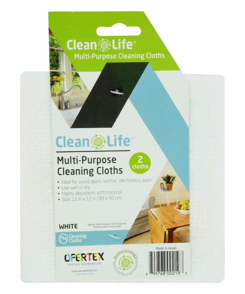 Clean Life Multi-Purpose Cleaning Cloths, 12x12 in, White (2 ct)