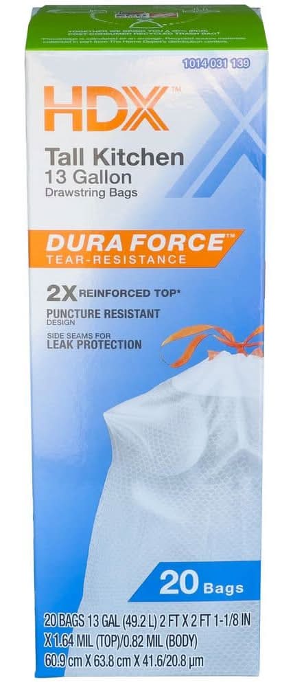 Hdx 13 Gallon Reinforced Top Drawstring Unscented Kitchen Trash Bags W/20% Pcr (20-Count)
