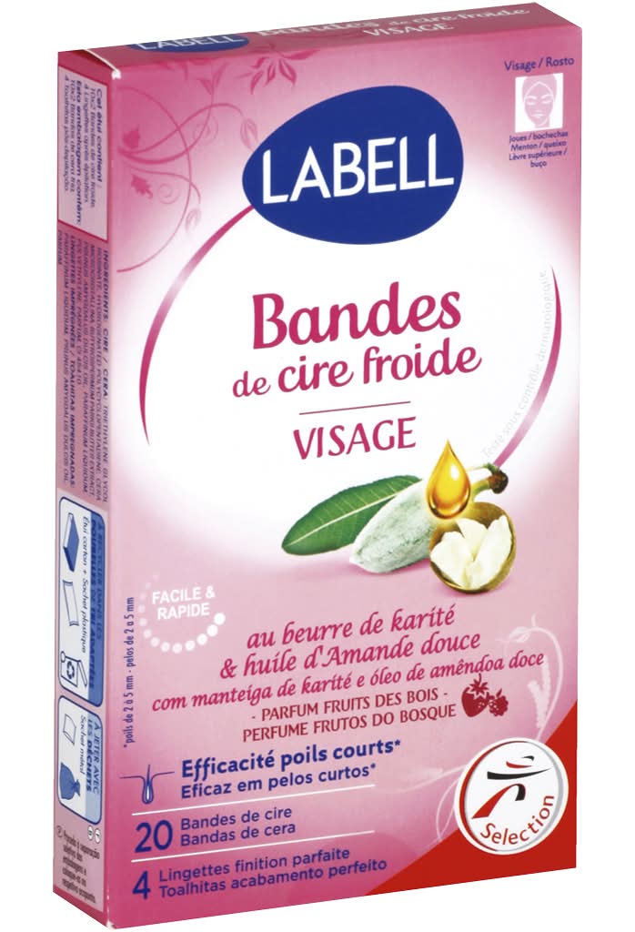 Labell - Bandas de cera fria facial, embalagem com 20 un. + 4 toalhitas de acabamento